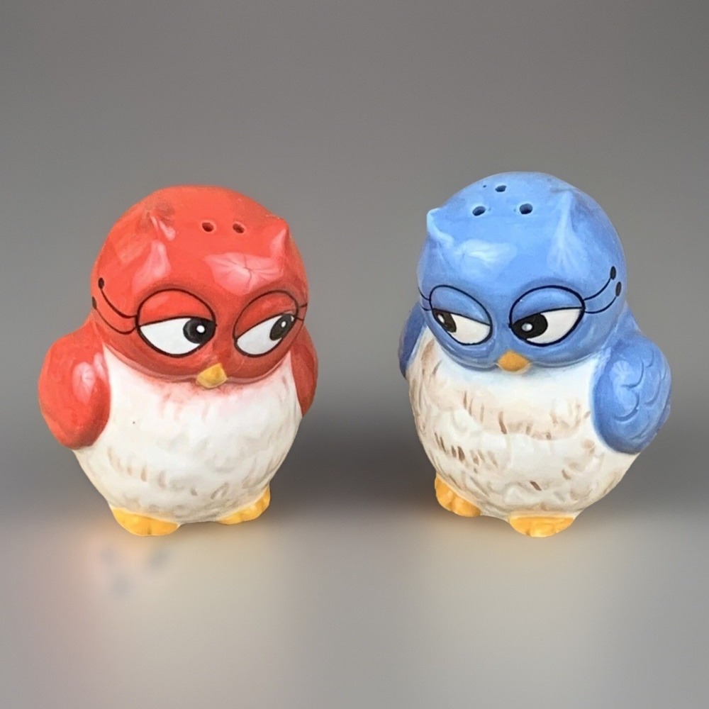 Owl Salt & Pepper Shakers Red Blue Whimsical Kitchen Whimsical Laurie Furnell